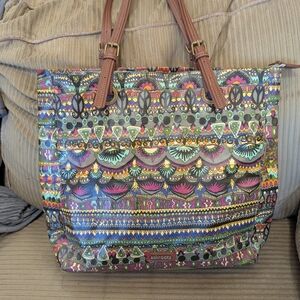 Sakroots Vibrant Multicolor Tote with Tan Handles